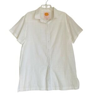 Lucky We Live Hawaii Goldfish Kiss Linen Shirt Men M/L White Short Sleeve Beach